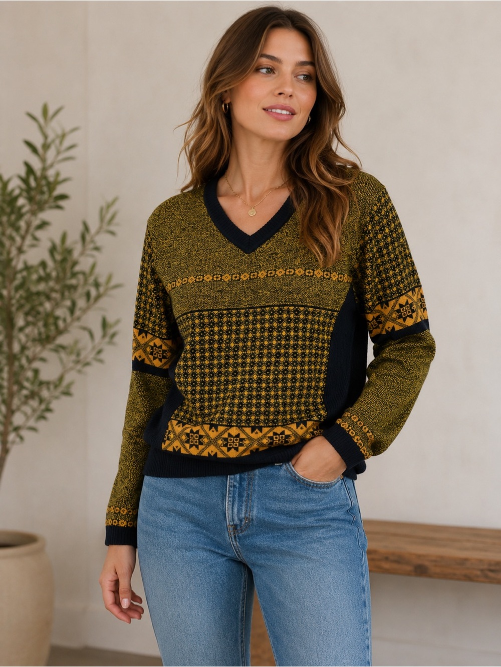 Vintage NILS Ski Sweater Fair Isle Nordic Wool Blend Women’s M V Neck Winter